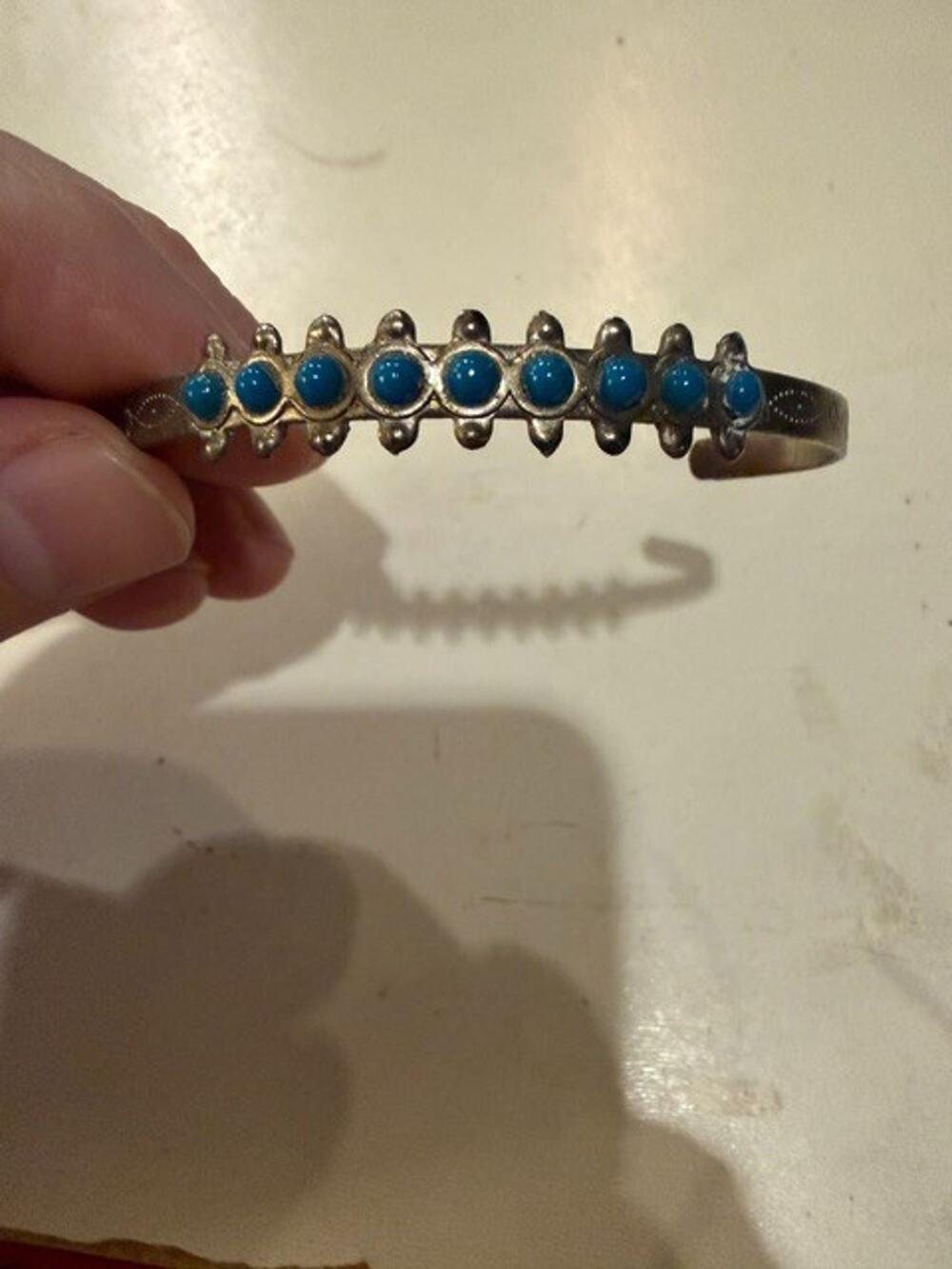 Vtg BELL TRADING POST Navajo Sterling Turquoise Snake Eye Childs Cuff Bracelet